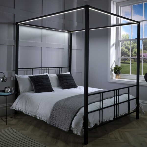 X-Rocker FERN Four Poster Bed with LED Lighting, Double 4ft6 Bedstead, Metal Canopy Bed Frame, Sturdy 4 Poster Bed Frame with Headboard and Dimmable LED Lighting, 3 Light...