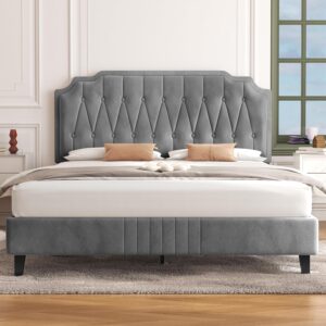 Yaheetech 4ft6 Double Bed Frame Upholstered Platform Bed with Adjustable Button Tufted Headboard/Velvet Fabric/Sturdy Wooden Slat Support/No Box Spring Needed, Light Grey Double...