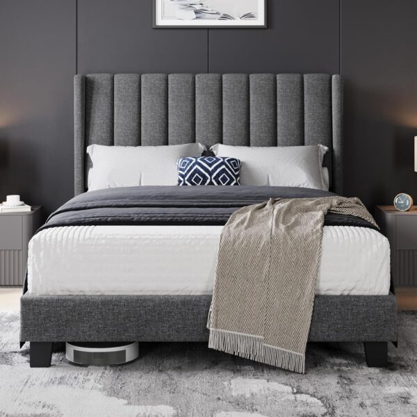Yaheetech Double Bed Frame, Upholstered Platform Bed with Channel Tufted Headboard & Wing Side, Wood Slat Support, Mattress Foundation, No Box Spring Needed, Noise-free, 4ft6...