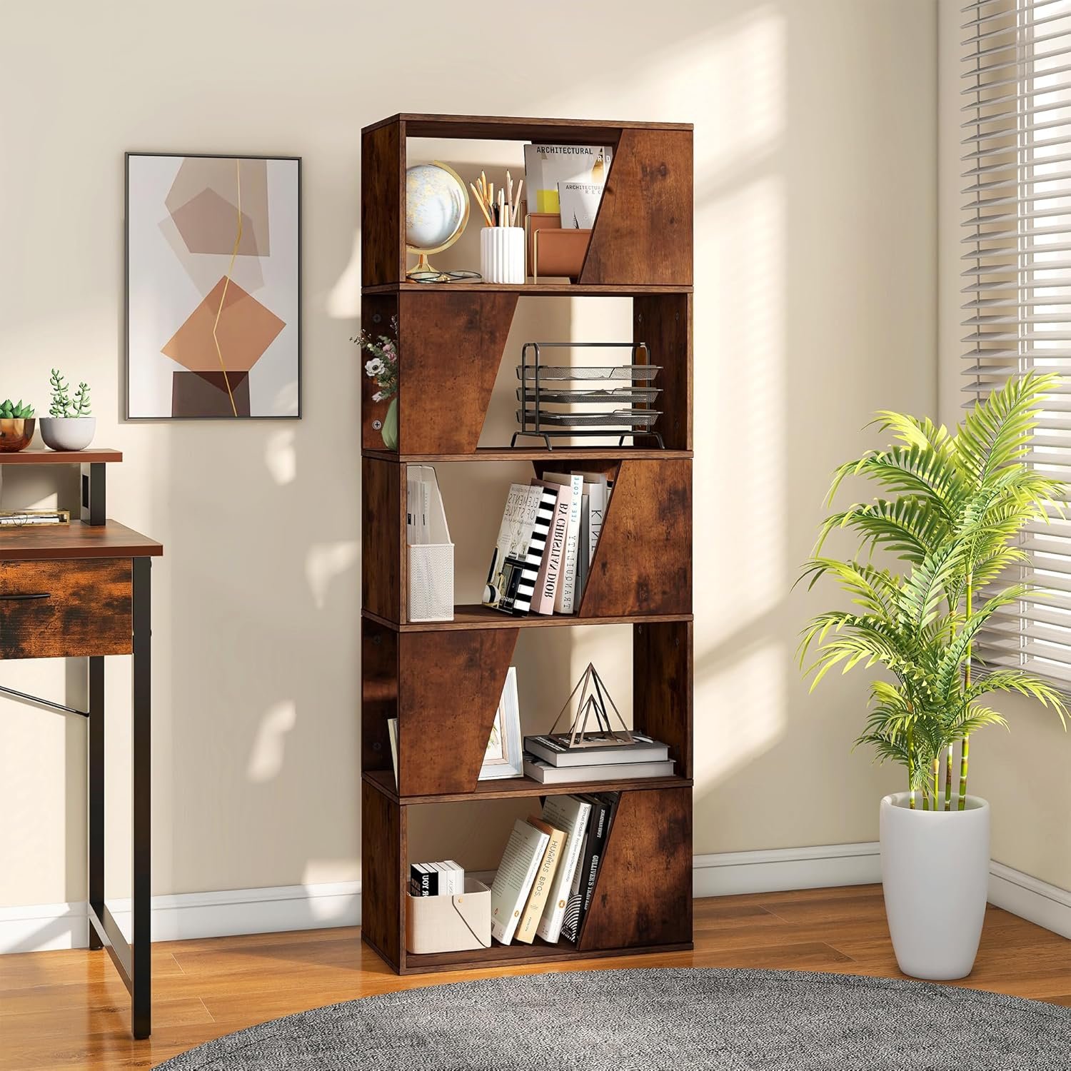 YITAHOME Bookcase, 5-Tier Bookshelf Display Cabinets, Wooden Cube Storage Unit, 30 x 60 x 164.5 cm, Freestanding book case for Living Room, Home Office, Dinning Room, Rustic Brown