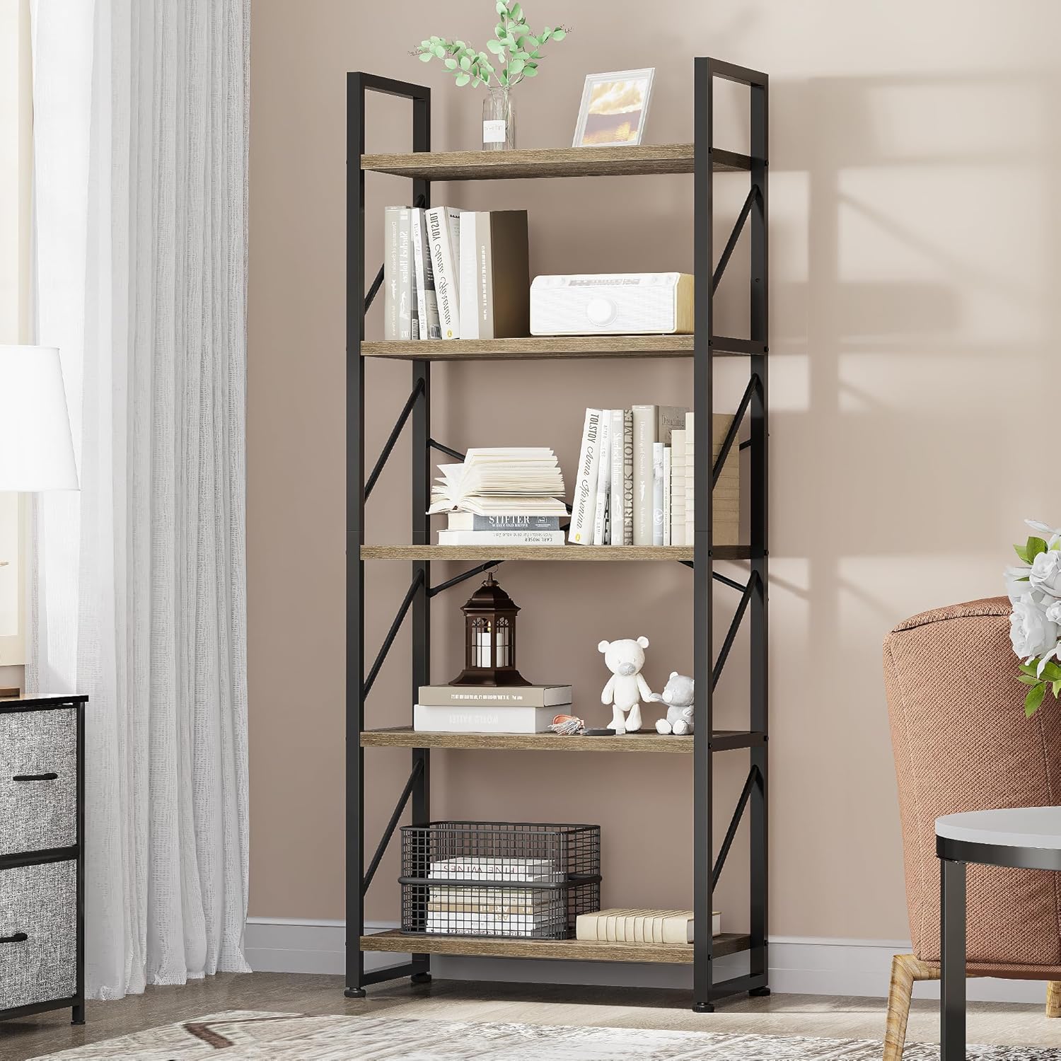 YITAHOME Bookcase 5 Tiers, Floor Standing Book Shelf, Wooden Shelf and Metal Frame Book Rack, Display Storage Rack Shelving Units for Living Room, Home Office, Charcoal Gray...