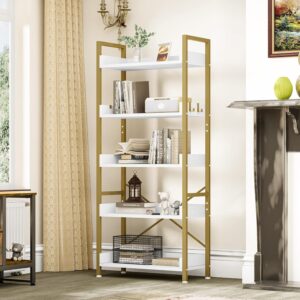 YITAHOME Bookcase 5 Tiers, Floor Standing Book Shelf, Wooden Shelf and Stable Steel Frame Shelving Units with 4 Hooks Industrial Storage Shelf for Living Room, Home Office, Gold...