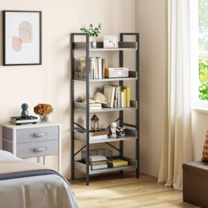 YITAHOME Bookcase 5 Tiers, Floor Standing Book Shelf, Wooden Shelves and Stable Steel Frame Shelving Units with 4 Hooks Industrial Storage for Living Room, Home Office, Grey...