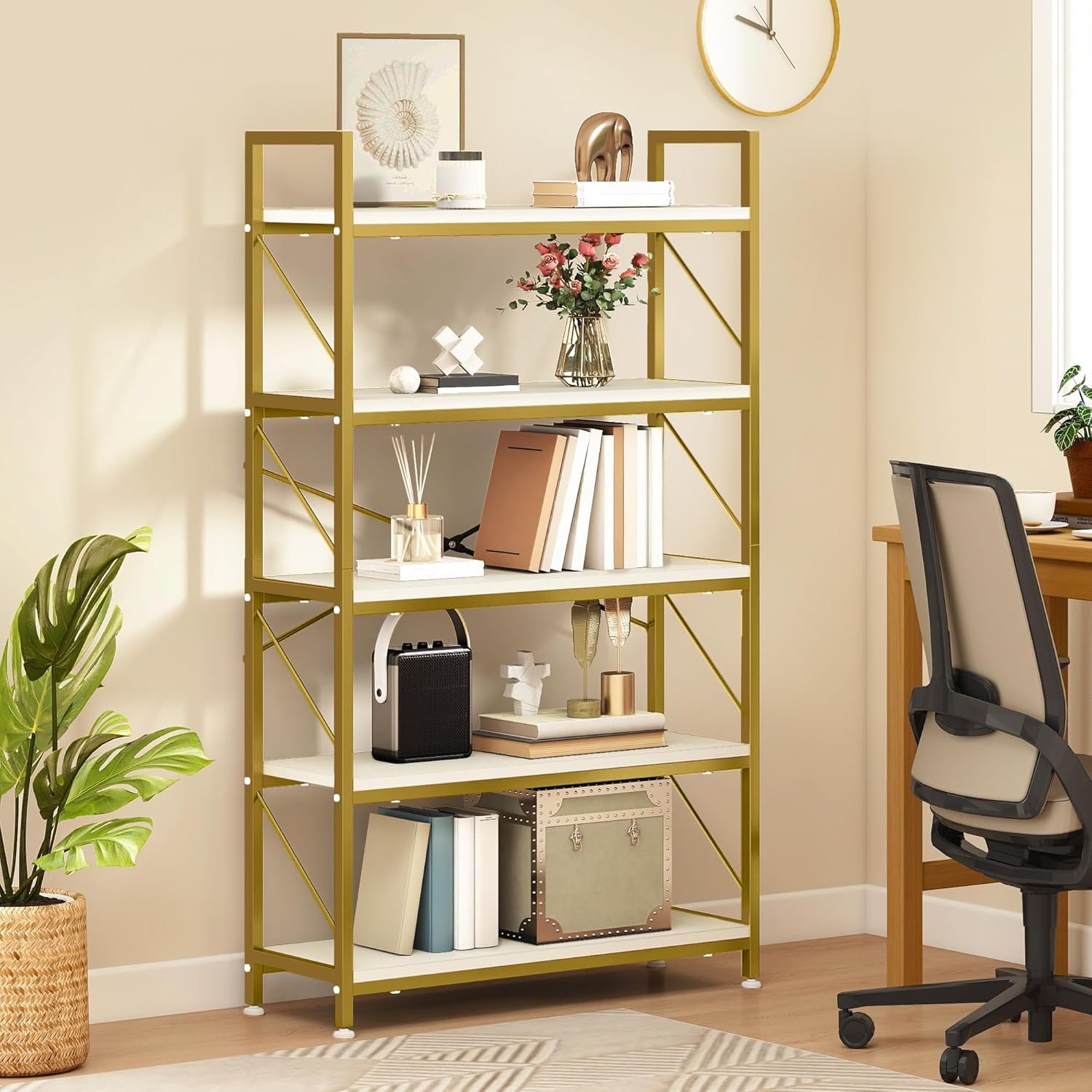 YITAHOME Bookcase 5 Tiers, Industrial Book Shelf Large Floorstanding Book case Wooden Shelf and Metal Frame Shelving Unit Display Storage Rack for Living Room, Home Office, Gold...