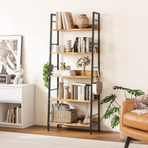 YITAHOME Bookcase, 5 Tiers Industrial Bookshelf with 4 Hooks Floorstanding Ladder Shelf Display Storage Rack Shelves Steel Frame Shelving Unit for Living Room, Bedroom, Home...