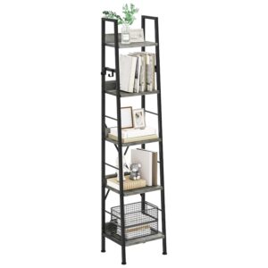 YITAHOME Bookcase 5 Tiers, Industrial Ladder Shelf Floorstanding Book Shelf Wooden Shelves and Metal Frame Book Rack Modern Shelving Unit for Living Room, Hallway, Office, Grey...
