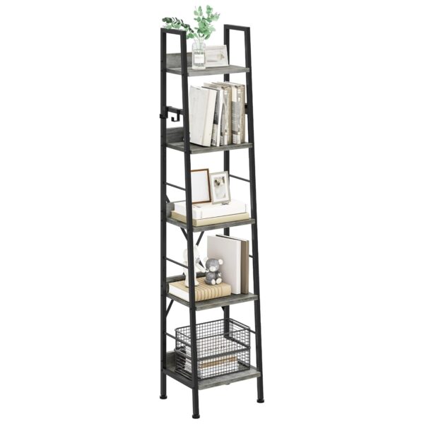 YITAHOME Bookcase 5 Tiers, Industrial Ladder Shelf Floorstanding Book Shelf Wooden Shelves and Metal Frame Book Rack Modern Shelving Unit for Living Room, Hallway, Office, Grey...