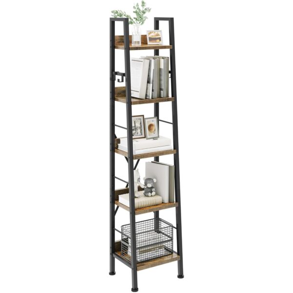 YITAHOME Bookcase 5 Tiers, Industrial Ladder Shelf Floorstanding Book Shelf Wooden Shelves and Metal Frame Book Rack Modern Shelving Unit for Living Room, Hallway, Office,...