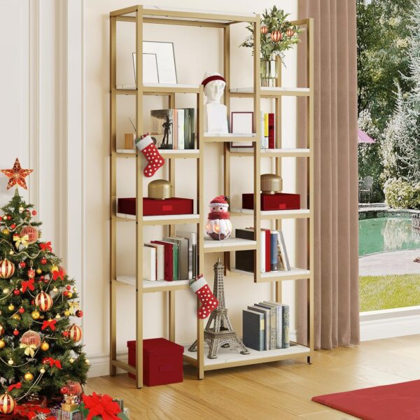 YITAHOME Bookcase 6 Tier, Modern Free Standing Bookshelf with 12 Shelf Unit, Open Display Storage Book Shelves for Living Room Bedroom Office Home, Gold and White