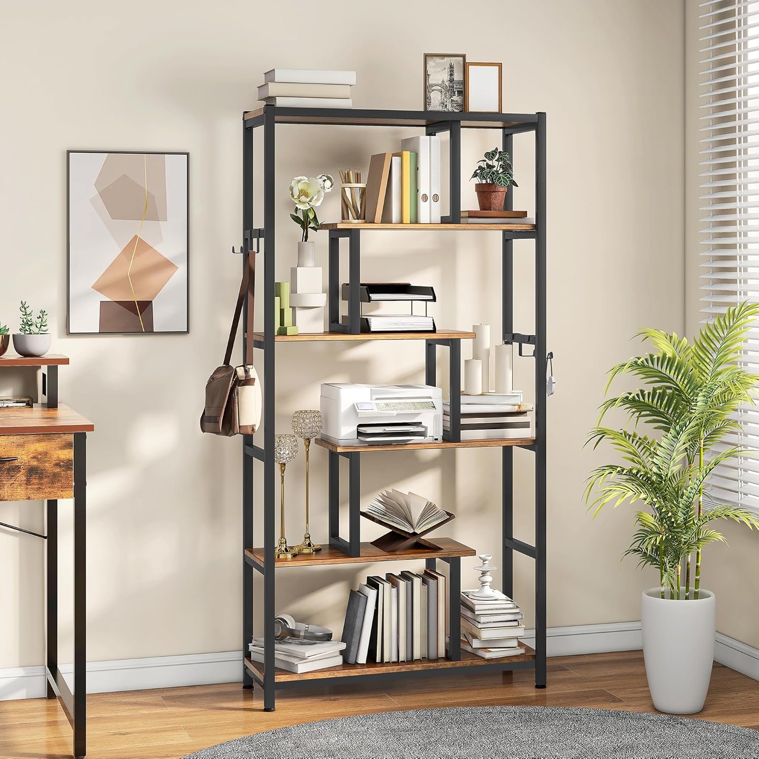 YITAHOME Bookcase, 6 Tier Tall Bookshelf with 4 Hooks Large Floorstanding Shelving Shelf Industrial Book Shelf with Steel Frame Display Shelf Units for Living Room Bedroom Home...