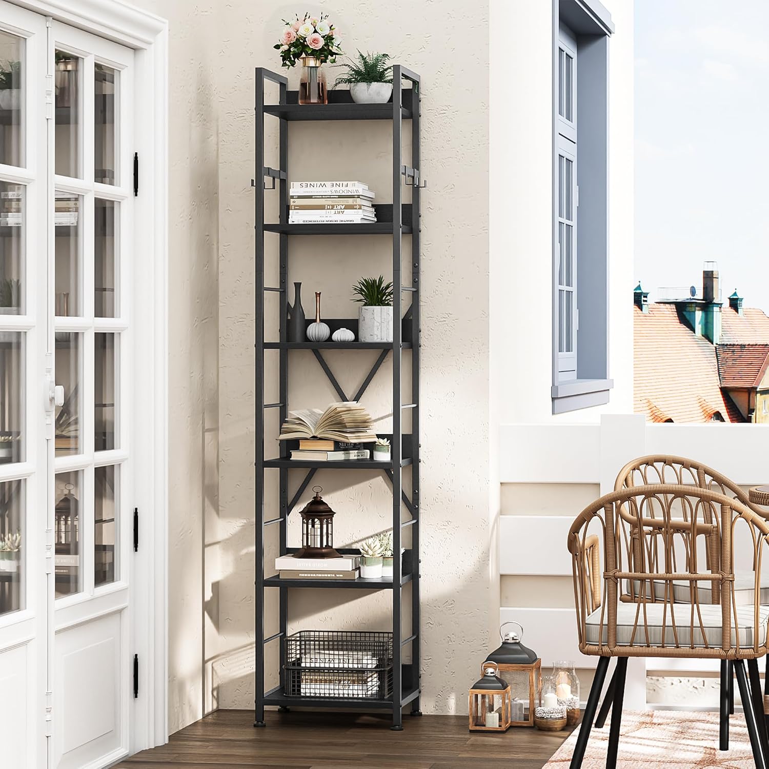 YITAHOME Bookcase 6 Tiers, Floor Standing Book Shelf with 4 Hooks, Wooden Shelf and Metal Frame Book Rack Industrial Tall Shelf Unit Storage for Living Room, Home Office, Black...