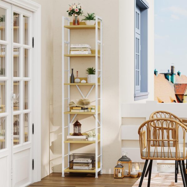 YITAHOME Bookcase 6 Tiers, Floor Standing Book Shelf with 4 Hooks, Wooden Shelf and Metal Frame Book Rack Industrial Tall Shelf Unit Storage for Living Room, Home Office, White...