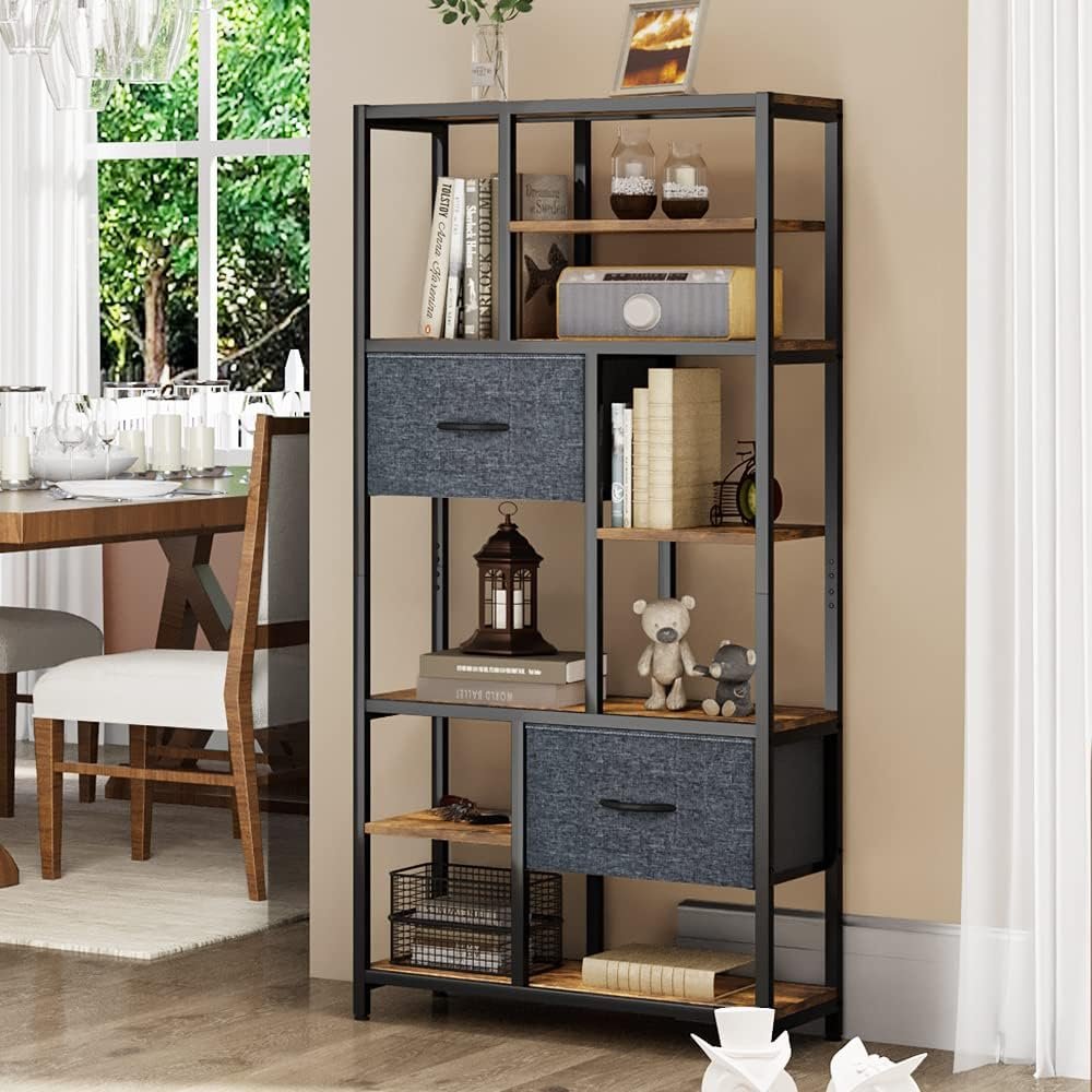YITAHOME Bookcase, 7 Tier Bookshelf with drawers Floor Standing Book Shelf Industrial Shelving Unit Storage Rack with Steel Frame for Living Room, Office, Study, Hallway,...