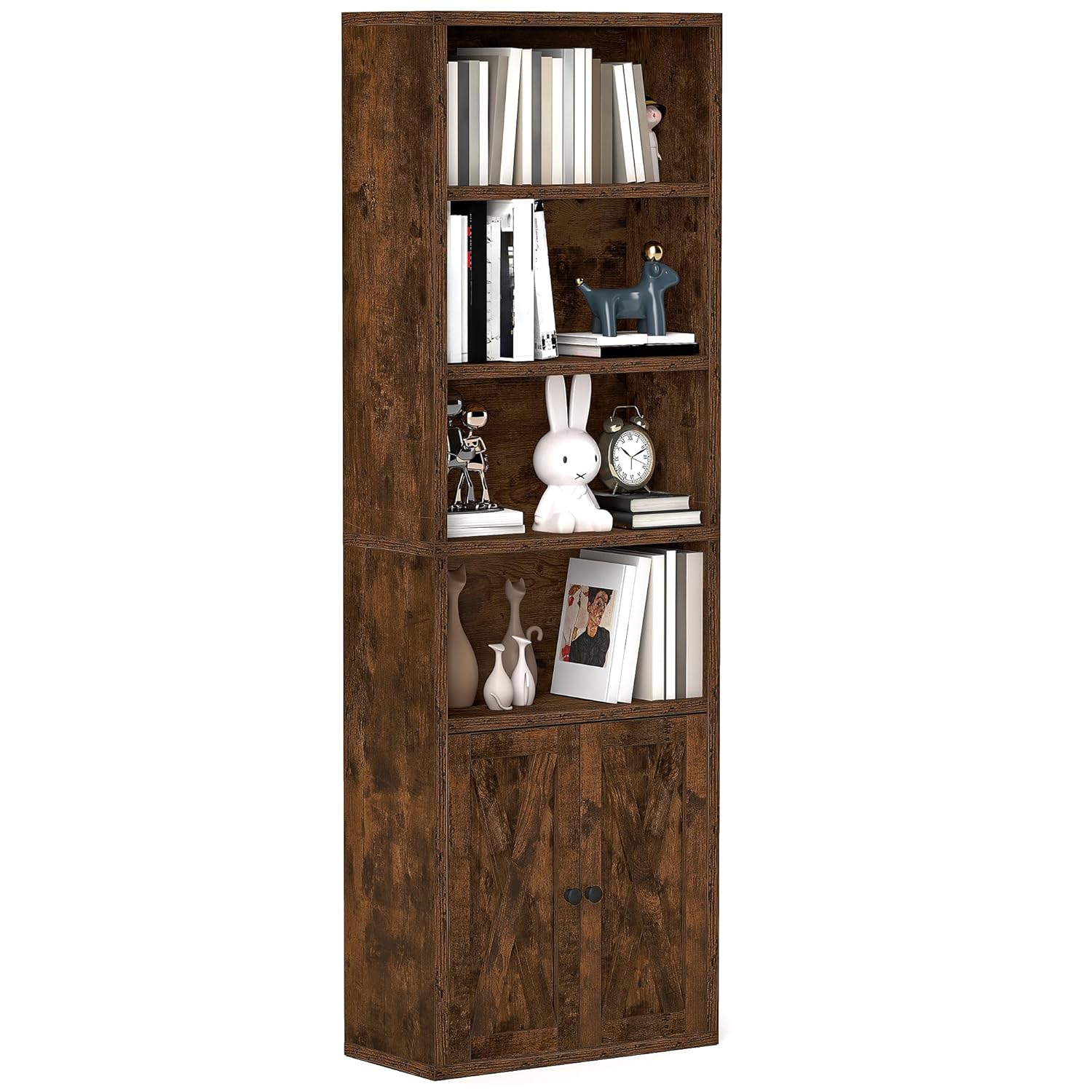YITAHOME Bookcase, Industrial Bookshelves with Doors Floorstanding Book Shelf Tall Display Storage Organizer Shelving Unit for Bedroom Living Room Home Office, Rustic Brown