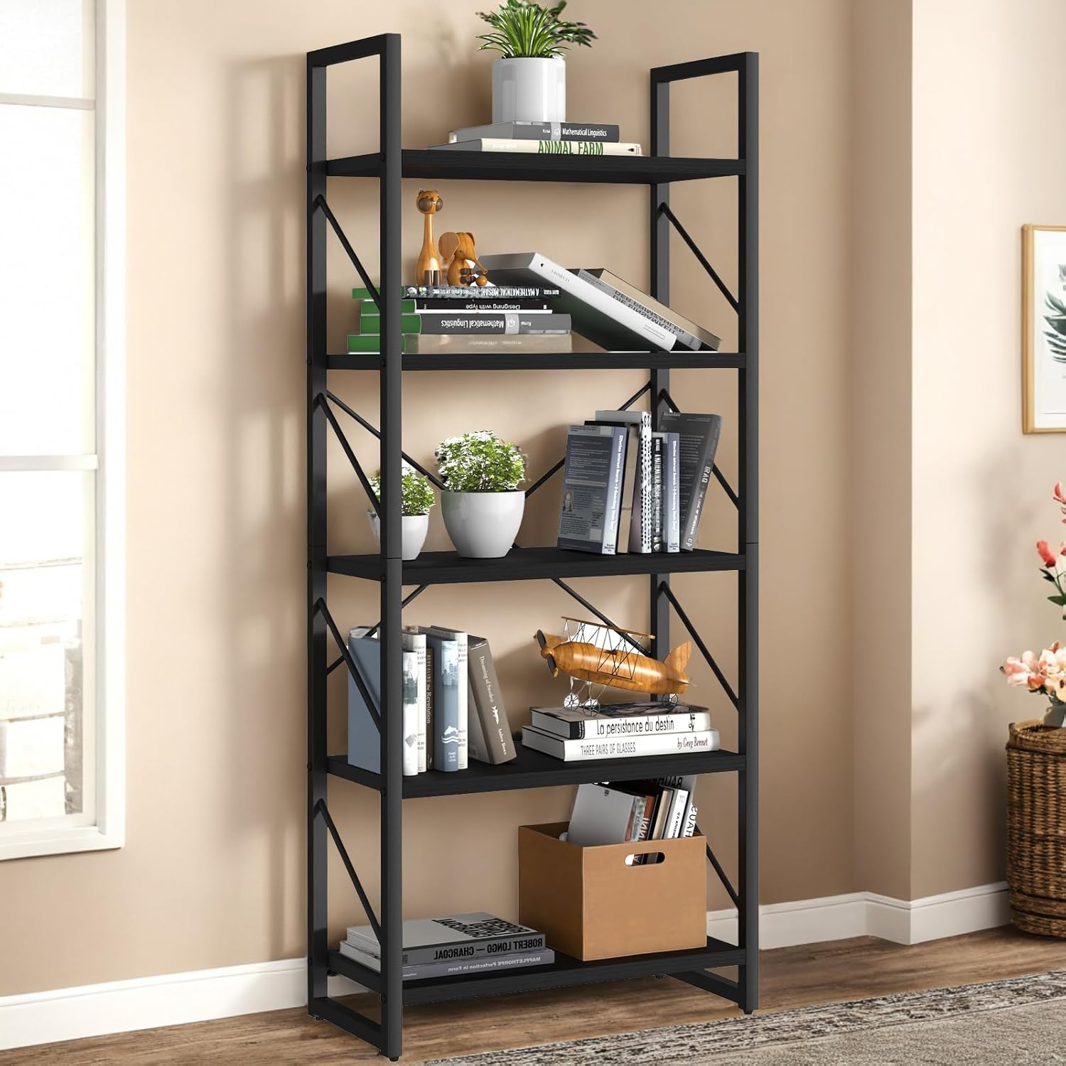 YITAHOME Bookshelf, 5 Tiers Bookcase Tall Book shelf with Metal Frame, Industrial Display Storage Rack, Shelving Units for Living Room Bedroom Home Office Kitchen, Black Book...