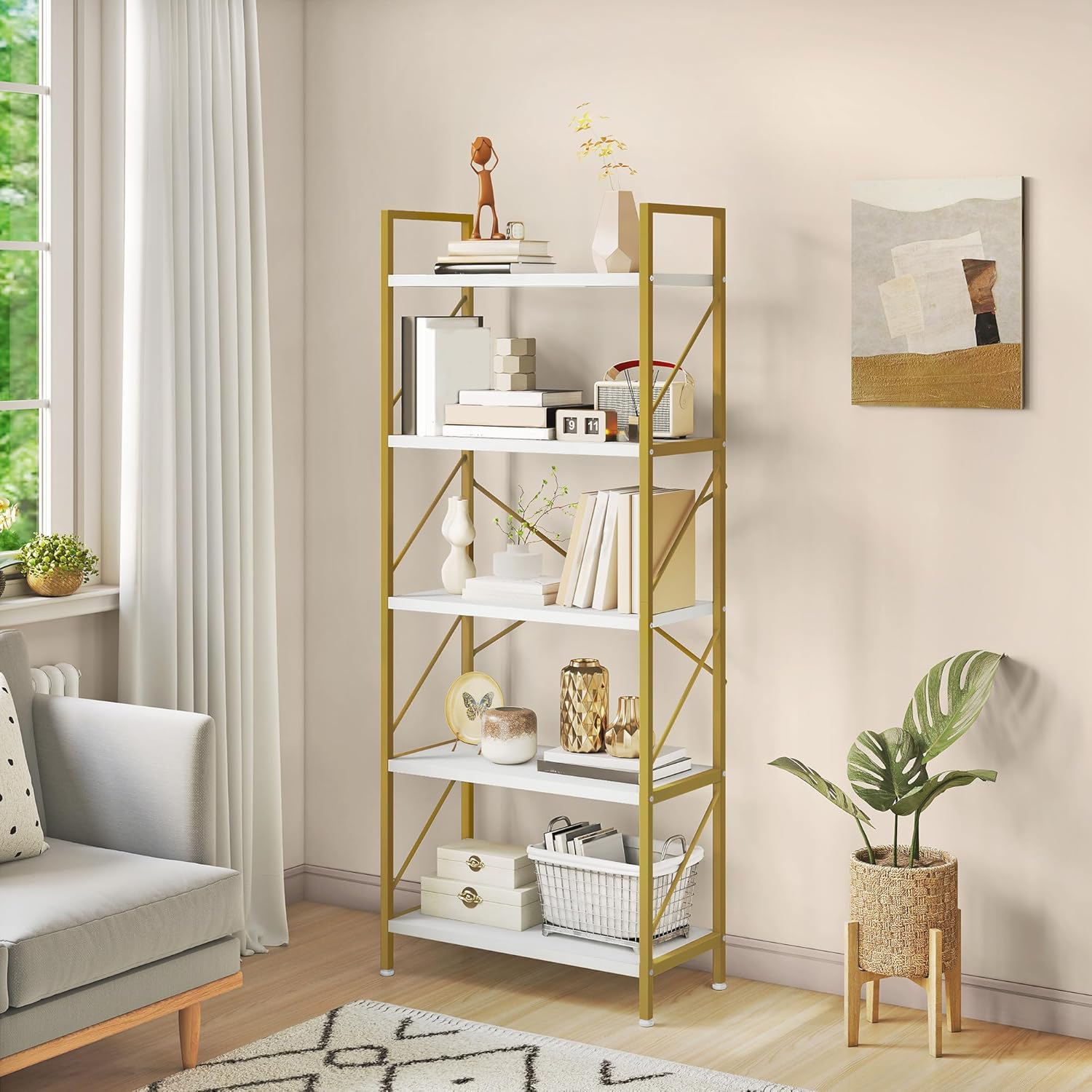 YITAHOME Bookshelf, 5 Tiers Bookcase Tall Book shelf with Metal Frame, Industrial Display Storage Rack, Shelving Units for Living Room Bedroom Home Office Kitchen, Gold Book...