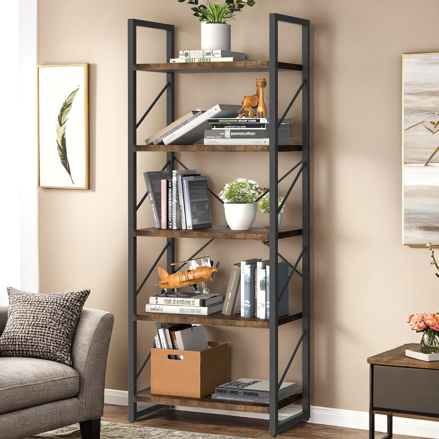 YITAHOME Bookshelf, 5 Tiers Bookcase Tall Book shelf with Metal Frame, Industrial Display Storage Rack, Shelving Units for Living Room Bedroom Home Office Kitchen, Rustic Brown...