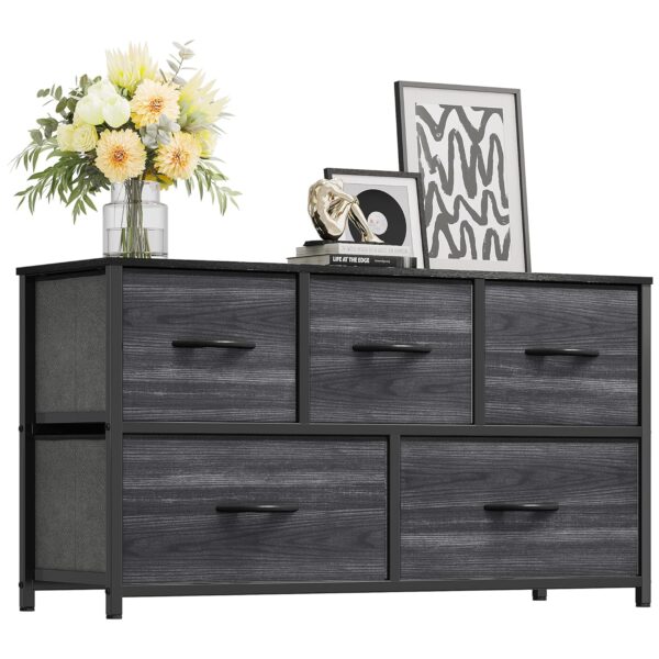YITAHOME Chest of Drawer Bedroom with 5 Drawers Storage Unit Steel Frame Wood Top Fabric Dresser for Bedroom Living room,Closet,Black wood grain