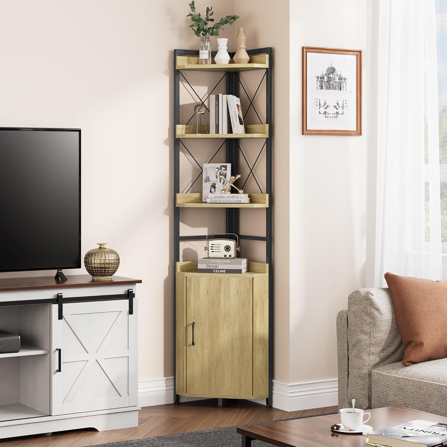 YITAHOME Corner Shelf 4 Tiers, Industrial Bookshelf with Cabinet Floorstanding Bookcase Wooden Storage Rack Shelving Units for Living Room, Home Office, Hallway, Oak Color Book...