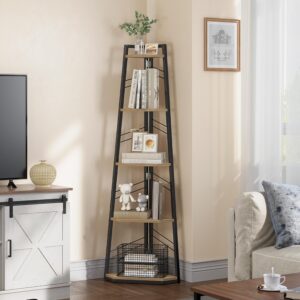 YITAHOME Corner Shelf 5 Tier, Industrial Corner Bookshelf Floorstanding Corner Bookcase Ladder Shelf Wooden Open Display Shelving Unit for Living Room, Hallway, Home Office, Oak...