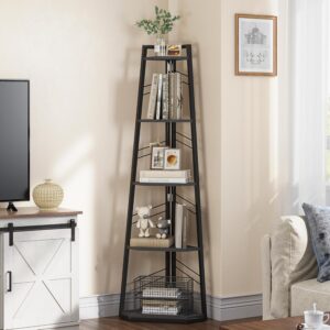 YITAHOME Corner Shelf 5 Tier, Industrial Corner Bookshelf Modern Floorstanding Corner Bookcase Ladder Shelf Wooden Open Display Shelving Unit for Living Room, Hallway, Home...