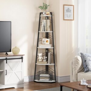 YITAHOME Corner Shelf 5 Tier, Industrial Corner Bookshelf Modern Floorstanding Corner Bookcase Ladder Shelf Wooden Open Display Shelving Unit for Living Room, Hallway, Home...