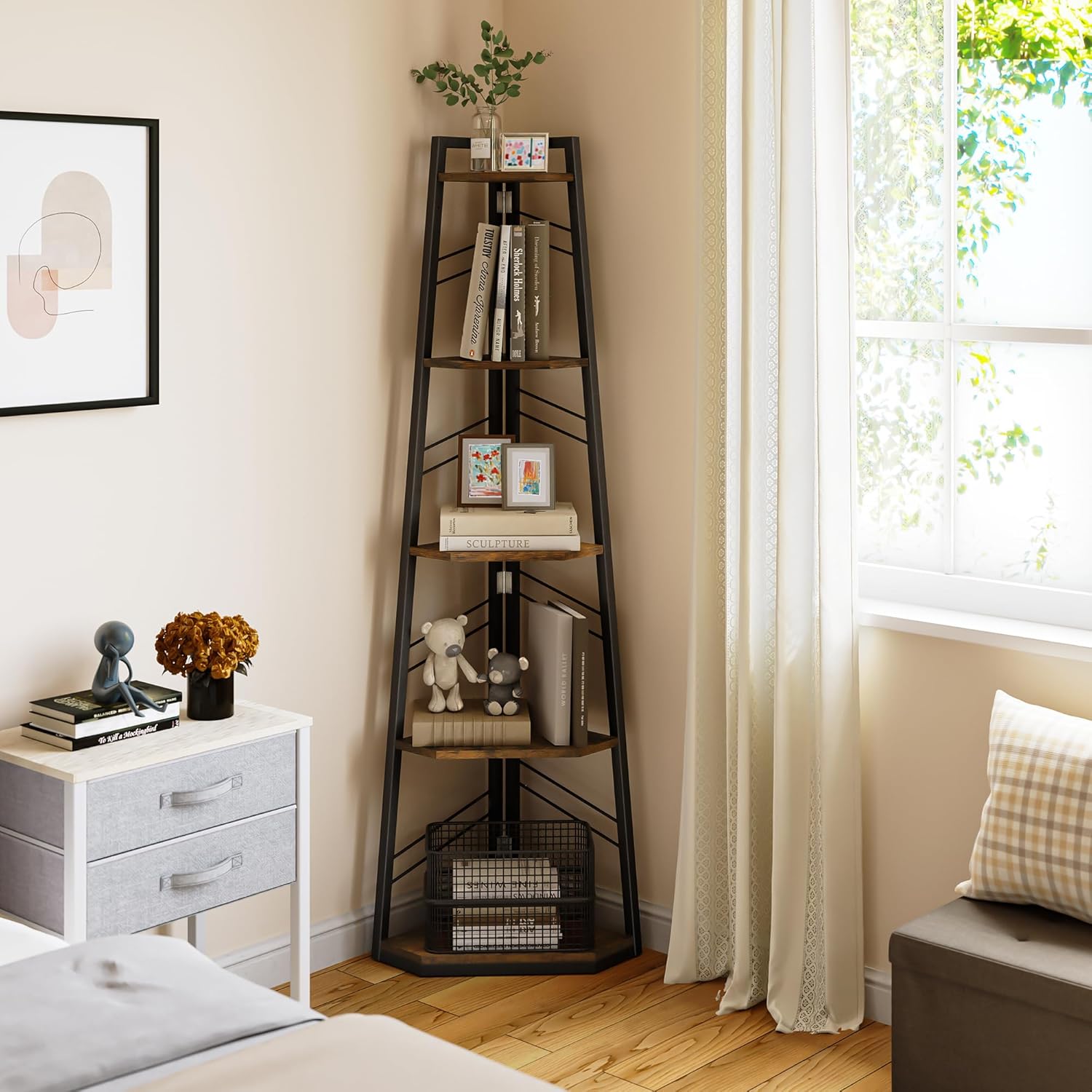 YITAHOME Corner Shelf, 5 Tier Ladder Shelf, Industrial Corner Bookshelf, Floorstanding Shelving Unit, Wooden Open Bookcase for Living Room, Hallway, Bedroom, Home Office, Rustic...
