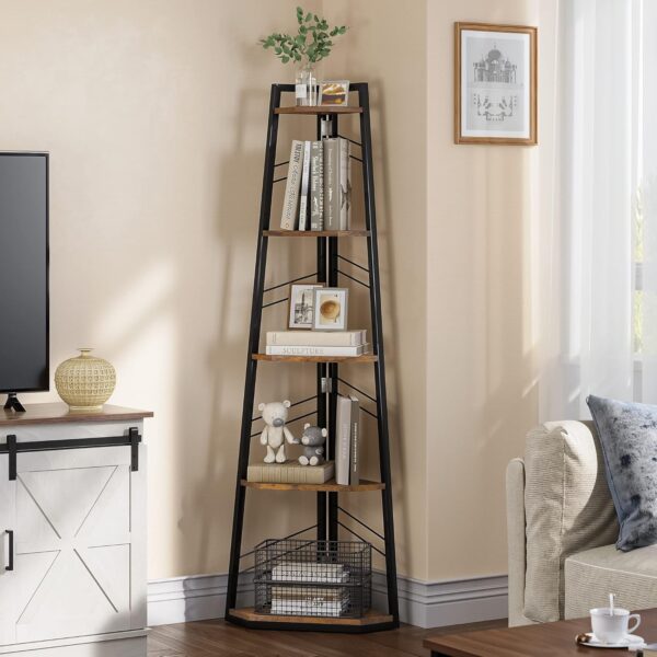 YITAHOME Corner Shelf 5 Tiers, Industrial Bookshelf Modern Floorstanding Corner Bookcase Ladder Shelf Wooden Open Display Shelving Unit for Living Room, Hallway, Home Office,...