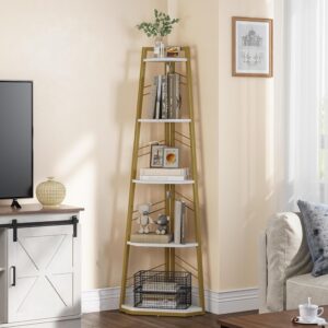 YITAHOME Corner Shelf 5 Tiers, Industrial Bookshelf Modern Floorstanding Corner Bookcase Ladder Shelf Wooden Open Display Shelving Unit for Living Room, Hallway, Home Office,...