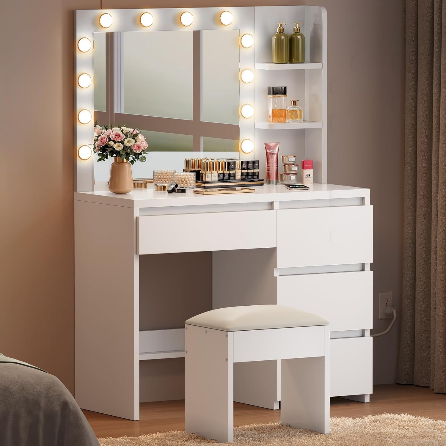 YITAHOME Dressing Table with Mirror and Stool, White Makeup Vanity Desk Dressing Table with Drawers, Open Shelves Morden Bedroom Dressing Tables with 12 LED Lights Adjustable...