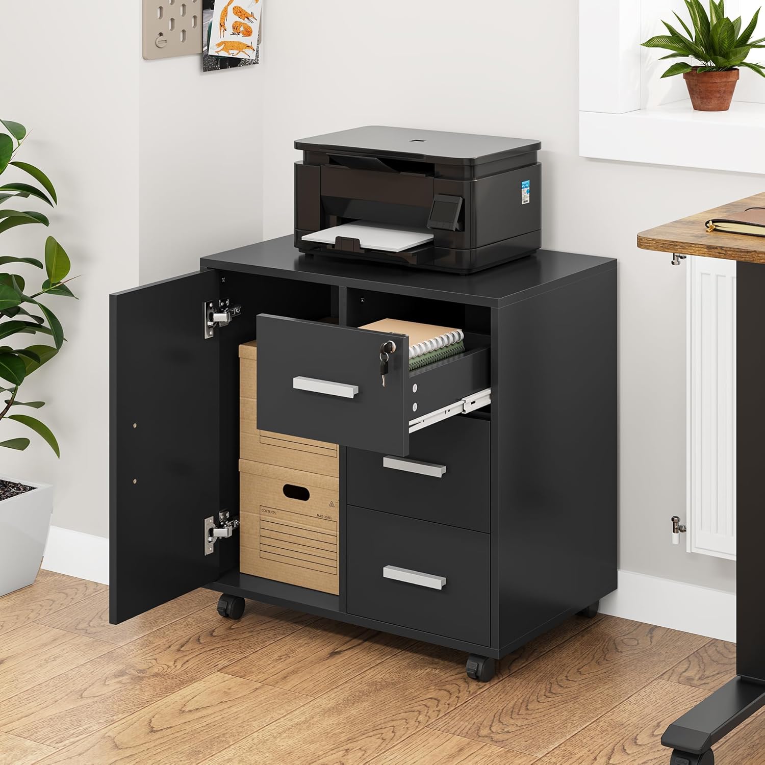 YITAHOME Mobile File Cabinet, 3-Drawer Lockable Filing Cabinets for Home Office, Printer Stand, Storage Cabinet with Drawers 1 Door 4 Wheels, Office Storage Rolling Office...