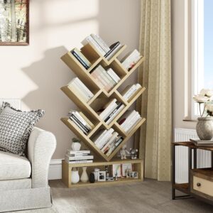 YITAHOME Tree Bookshelf, Floor Standing Bookcase with Wooden Drawer Industrial Shelving Units Display Storage Shelf for Living Room,Home,Office, Oak Color Book shelves