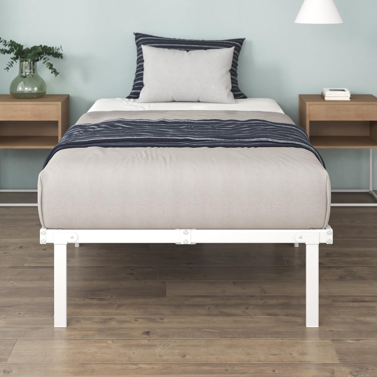 ZINUS Caleb Single Bed frame - Bed 90x190 cm - 36cm Height - Metal bed frame with Underbed storage and steel slat support - Foldable bed - White Color