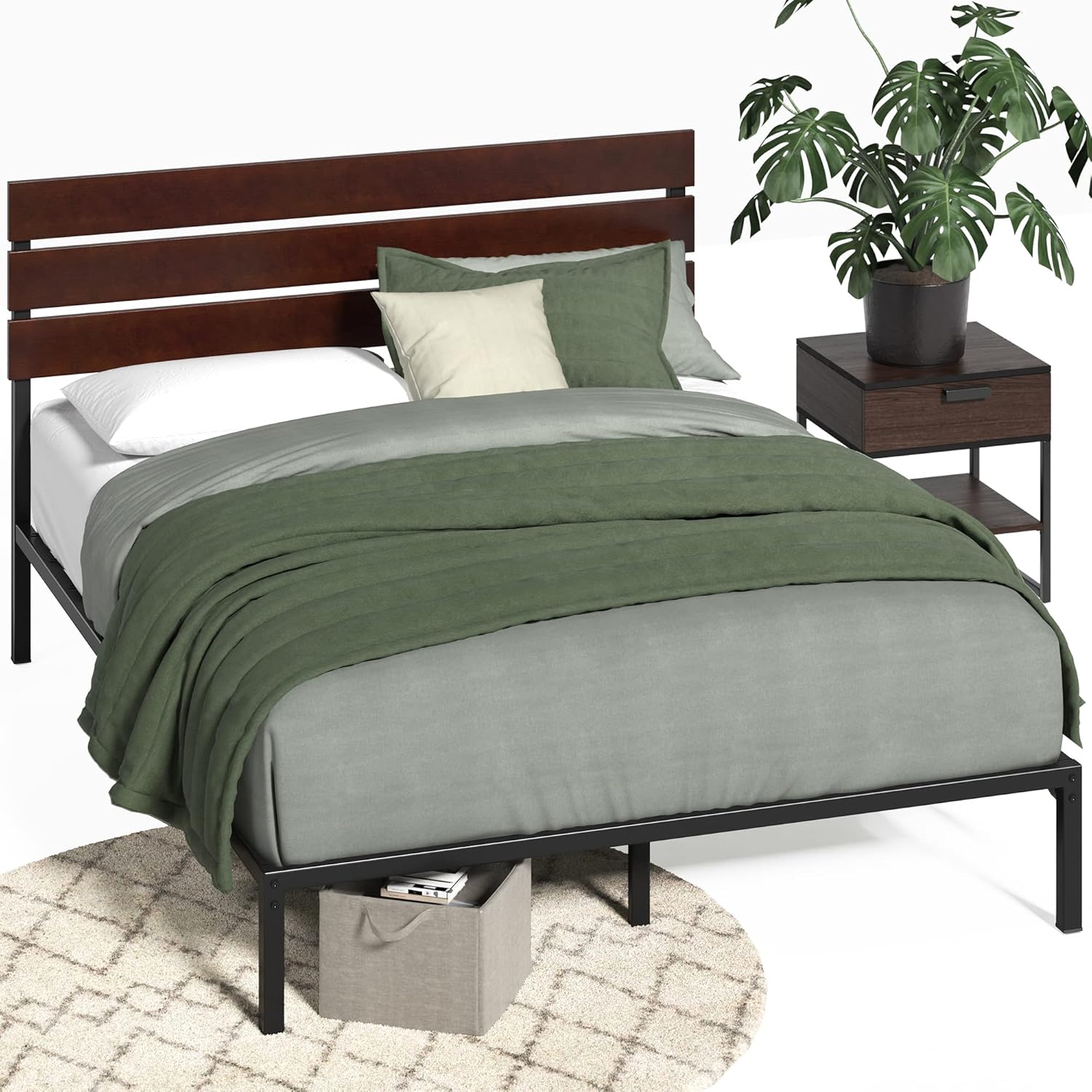 Zinus Figari Double Bed frame - Bed 135x190 cm - 31 cm Height with Underbed storage - Sustainable Bamboo and Metal Platform Bed frame with Slatted Headboard - Brown and Black