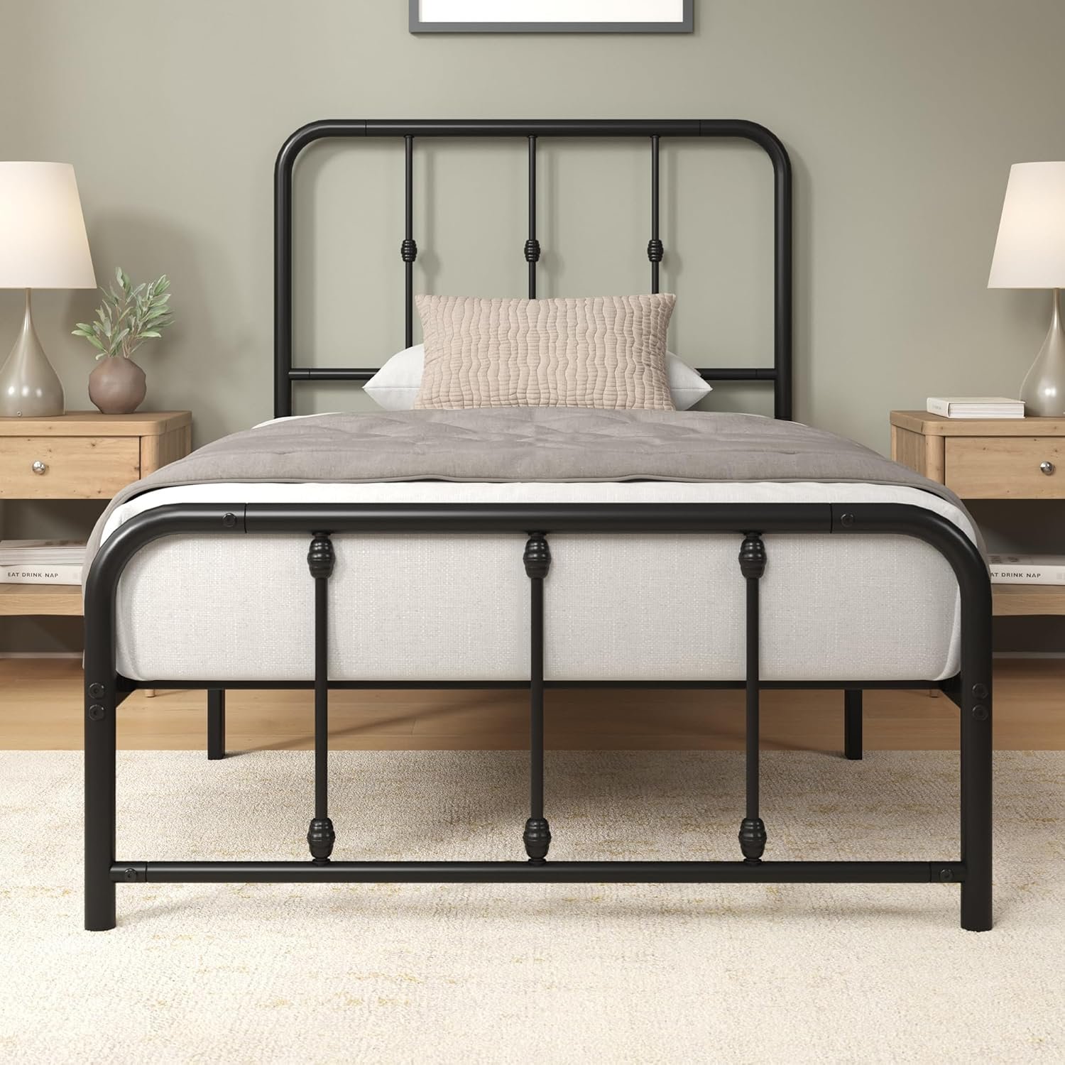ZINUS Florence 3ft Single Bed Frame 90x190cm, Metal Platform Bed with Headboard and Footboard, Strong Steel Slat Support, Large Storage Space, Easy Assembly, Black