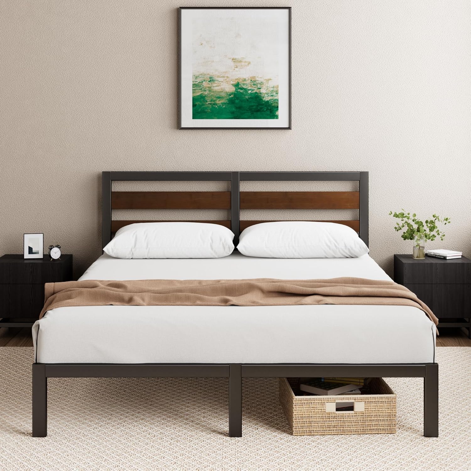 ZINUS Kai Double Bed Frame 135x190 cm – 80cm Height – Sustainable Bamboo & Metal Bed Frame with Headboard – Steel slat support – Eco-Friendly Bed frame - Easy Assembly – Black...