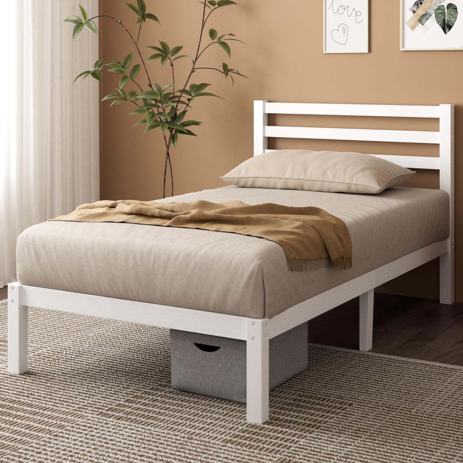 Zinus Leni Single Bed frame - Bed 90x190cm / 35x75in - 35cm/14in Height with clearance under the bed - Bamboo Platform Bed frame with Headboard - Slats included - White