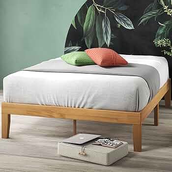 Zinus Moiz Double Bed frame - Bed 135x190 cm - 35 cm Height with Underbed storage - Wood Platform Bed frame with Wood slat support - Natural Brown