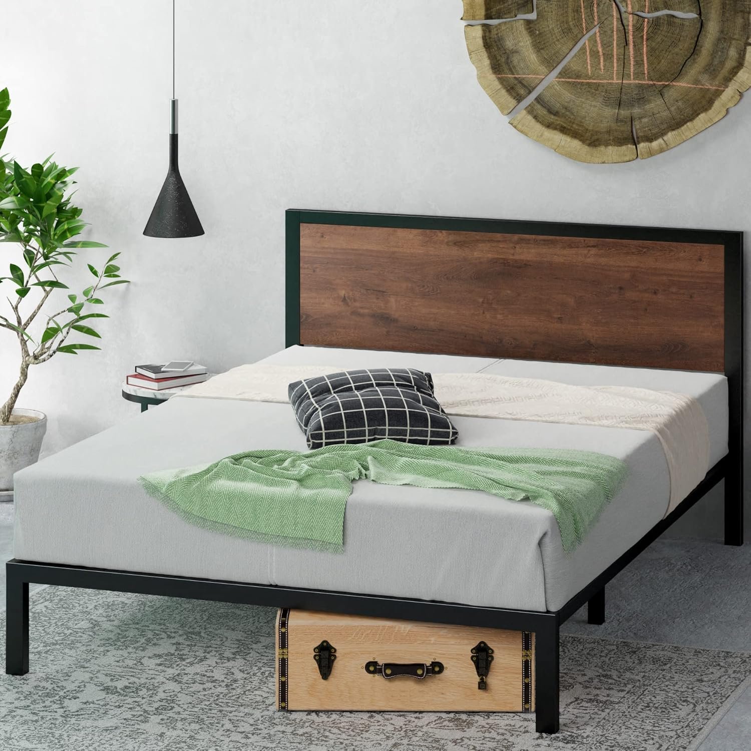 Zinus Mory Single Bed frame - Bed 90x190 cm - 30 cm Height - Metal and Wood Platform Bed frame with Wood slat support - Brown and Black