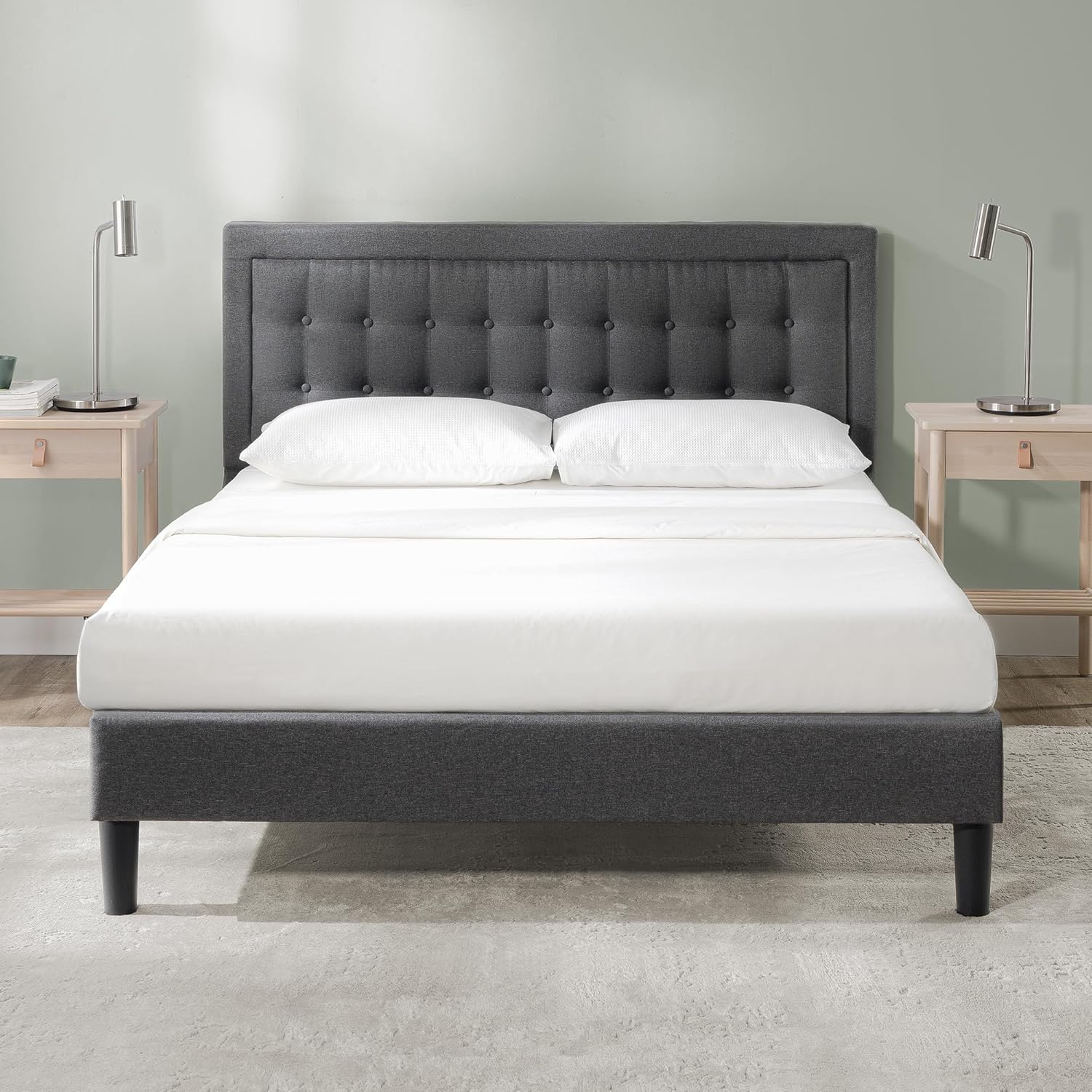 ZINUS Premium King Size Bed Frame | Upholstered Platform Bed with Button Tufted Headboard | Noise-Free Wood Slats | Linen Fabric | 5ft6.5 Double Bed Base | High Density Foam |...