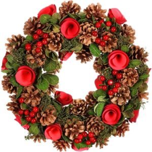 14" Decorated Red Rose & Pine Cone Artificial Winter Wreath (BJ92)