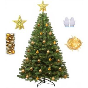 6ft Artificial Christmas Tree - 180cm with 100 LED Lights & 24 Balls & Top Star,950 Branch Tips,Easy Assembly,Metal Stand