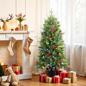 Alupssuc 4FT Artificial Pre-Lit Mini Porch Christmas Tree with 120 Built-In Multi Color Led Lights,12 Lighting Modes,Nature Looking With Pine Cones & Berries