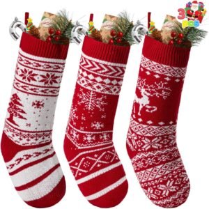 JOYIN 3 Pack 45cm(18 Inch) Knit Christmas Stockings, Reindeer/Christmas Tree/Snow Flakes Knitted Stocking Decorations for Holiday Tree Decor