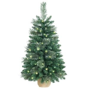 Pre-lit artificial Christmas tree 90cm/3ft,100 PVC Branches Tips+20 Flowering Pine Needles+Burlap Wrapped Plastic Base,Green Xmas Tree for Tabletop or Desk